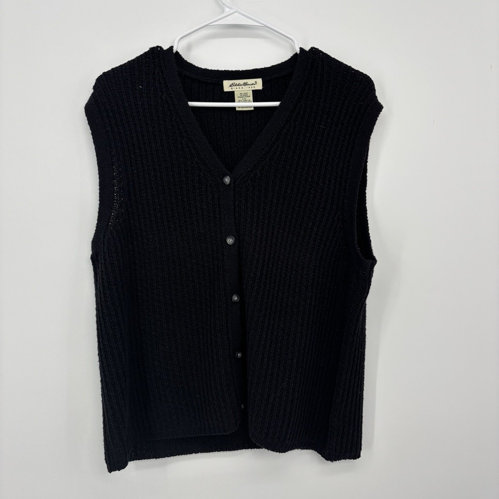 VTG Eddie Bauer Womens Large Black Cable Knit Sweater Vest Cardigan Cottagecore